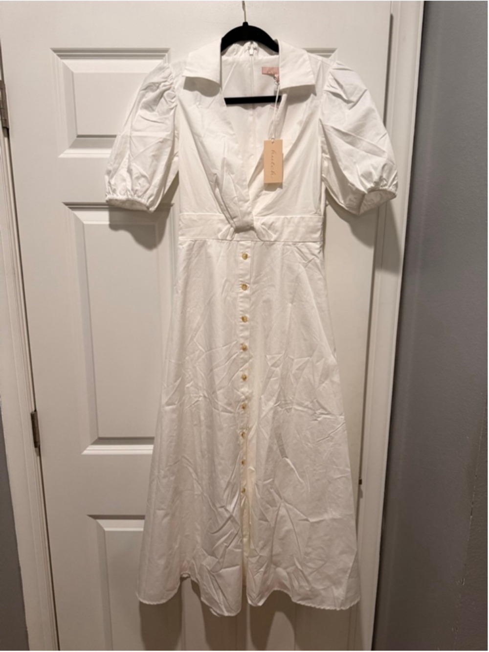 Women's Hutch White Puff Sleeve Twist Front Collared Midi Dress Size 0 - Picture 5 of 9